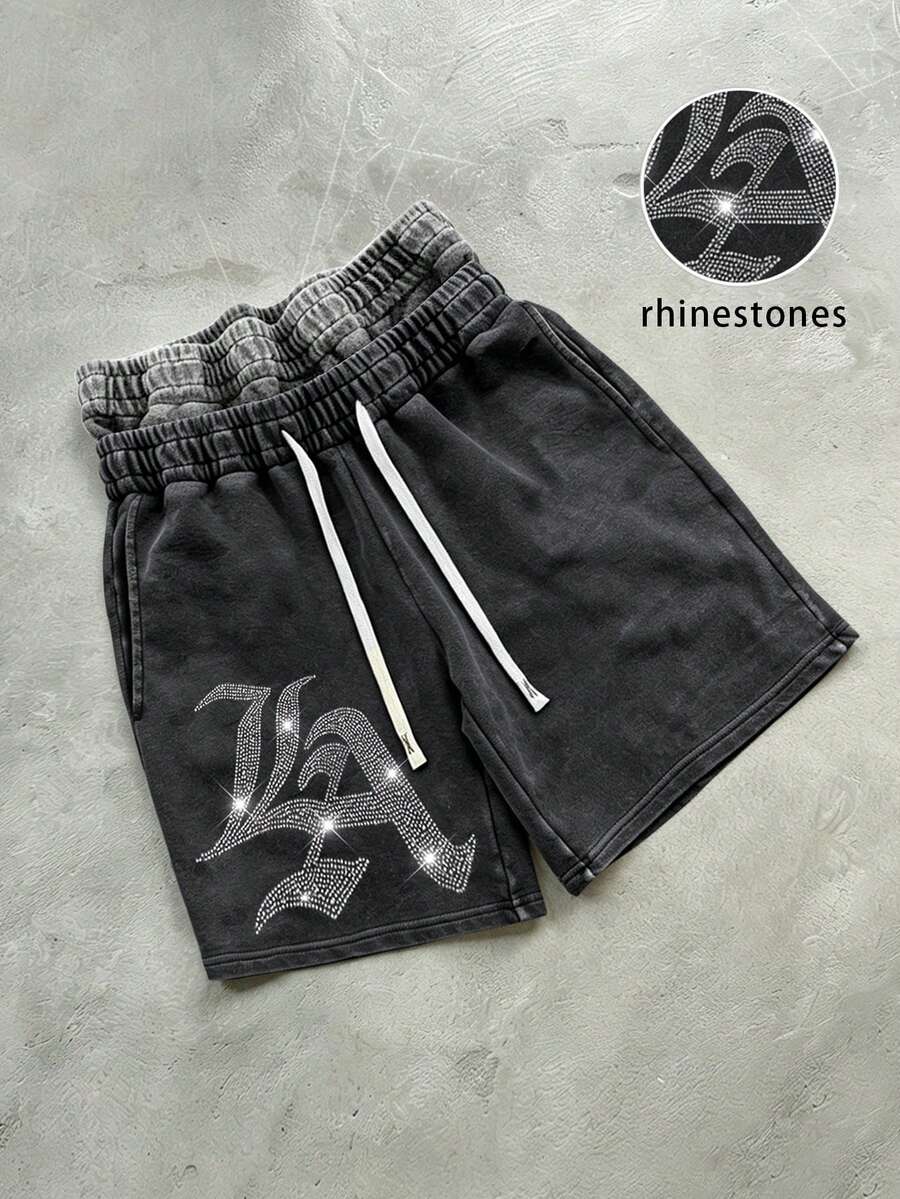 PAVTROS Men's Grey Summer Graphic Streetwear Beach Shorts,American Street Style Washed Distressed 2 In 1 Sports Pants,Elastic Waist Drawstring LA Rhinestone - Black - View 1