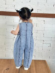 SHEIN 女嬰深藍色牛仔無袖白色條紋連身錐形長褲 - 淺色水洗藍 - 查看 2
