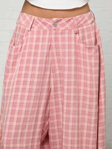 COUREZ 低腰寬鬆氣球格紋長褲 / Y2K 女款夏季休閒穿搭 夏日下身單品 外出穿搭 祭典穿搭 - 粉色 - 查看 7
