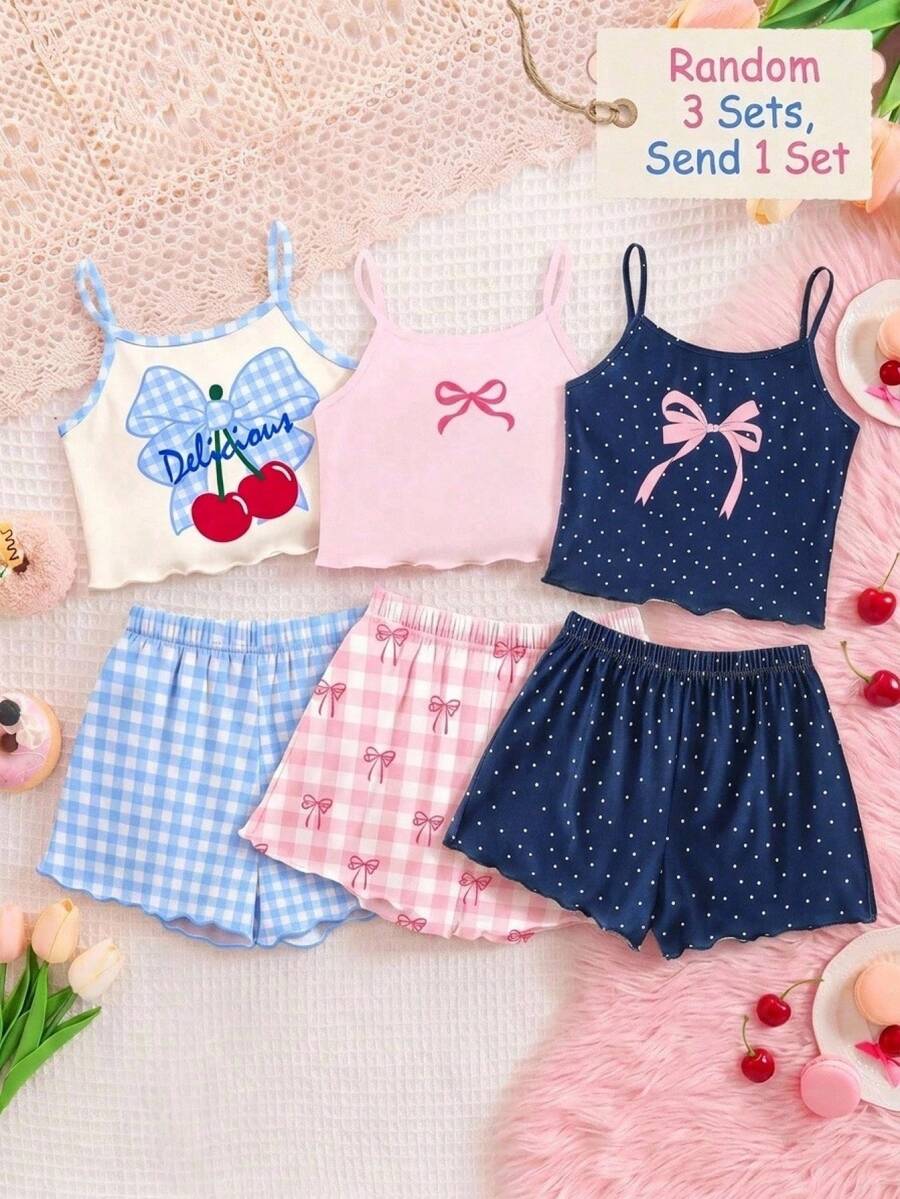 SHEIN Tween女孩時尚可愛蝴蝶結波點印花短袖上衣與短褲休閒舒適寬鬆兩件套家居服 - 藍色 - 查看 1