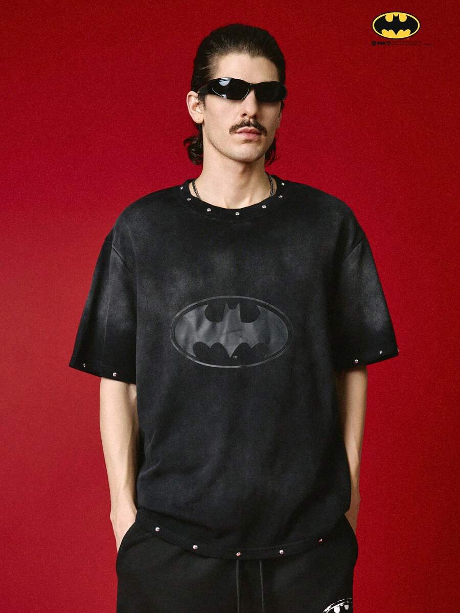BATMAN X SHEIN STYNVO 男士圖案印花圓領休閒短袖T恤,夏季,度假 - 黑色 - 查看 1