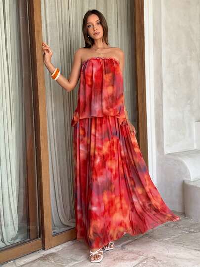 Firerie Women's Elegant Romantic Beach Vacation Party Date Afternoon Tea Sister Gathering Braided Tie-Dye Print Mesh Sheer Draped Low Waist Tube Top Dress