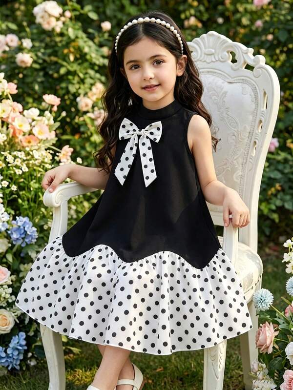 Girls' Elegant Commuter Small Stand Collar Sleeveless A-Line Dress