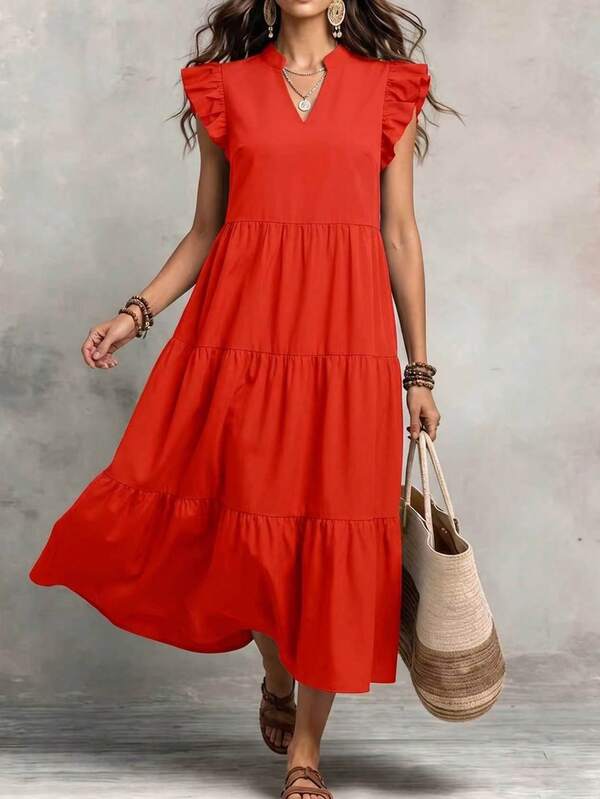Linhara CURVE Loose A-Line Tiered Midi Dress With Small Stand Collar + V-Neck Cutout Design, Classic 4-Layer Tiered Skirt Spliced Plus Size Dress