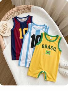 Unisex Newborn Baby Boy/Girl 3pcs Spring/Summer Casual World Cup Pattern Sleeveless Romper Shorts Multi-Piece Set, Baby Rompers, Outfits, Baby Summer Clothes - White - View 5