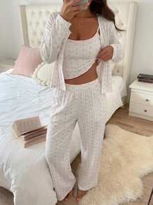 DAZY Sweet Floral 3-Piece Set Spring Outfit Pink Women's Pajama Set - Beige - View 4