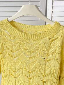 Tween Girl Solid Color Simple Hollow Out Round Neck Pullover Hoodie - Yellow - View 4