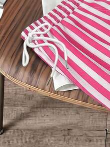 Manfinity Joysei Men's Crew Neck T-Shirt And Striped Pattern Shorts Set - Hot Pink - View 4