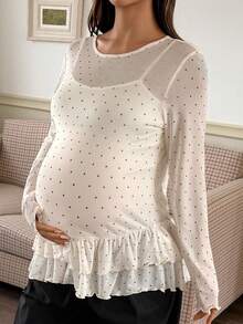 DAZY Small Round Neck Fashion Polka Dot Patchwork Frill Trim Long Sleeve Base Layer Maternity T-Shirt For Spring And Summer - White - View 3