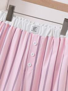 SHEIN Bộ 3 món áo sơ mi tay dài sọc in kỹ thuật số màu vàng, quần dài đen và áo hai dây, phù hợp đi chơi mùa xuân và mùa hè - Hồng - Xem 3