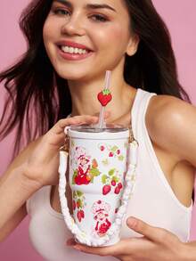 Strawberry Shortcake X SHEIN 500ml /16 Oz 真空隔熱不鏽鋼杯，1個防漏蓋，適用於熱飲/冷飲，適用於大多數杯架 - 白色 - 查看 4