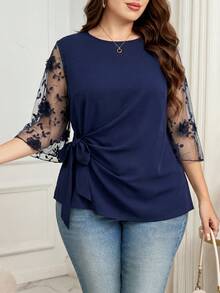 SHEIN Clasi Plus Size Women's Patchwork 3D Flower Decor Mesh Flare Sleeve Fashion Blouse Fall - Blue - View 7