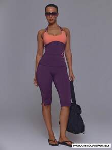 Musera Sport Sport Purple Thick Foldover Waistband Stripe Detail Fitted Split Hem Cropped Capri Active Legging - Purple - View 1