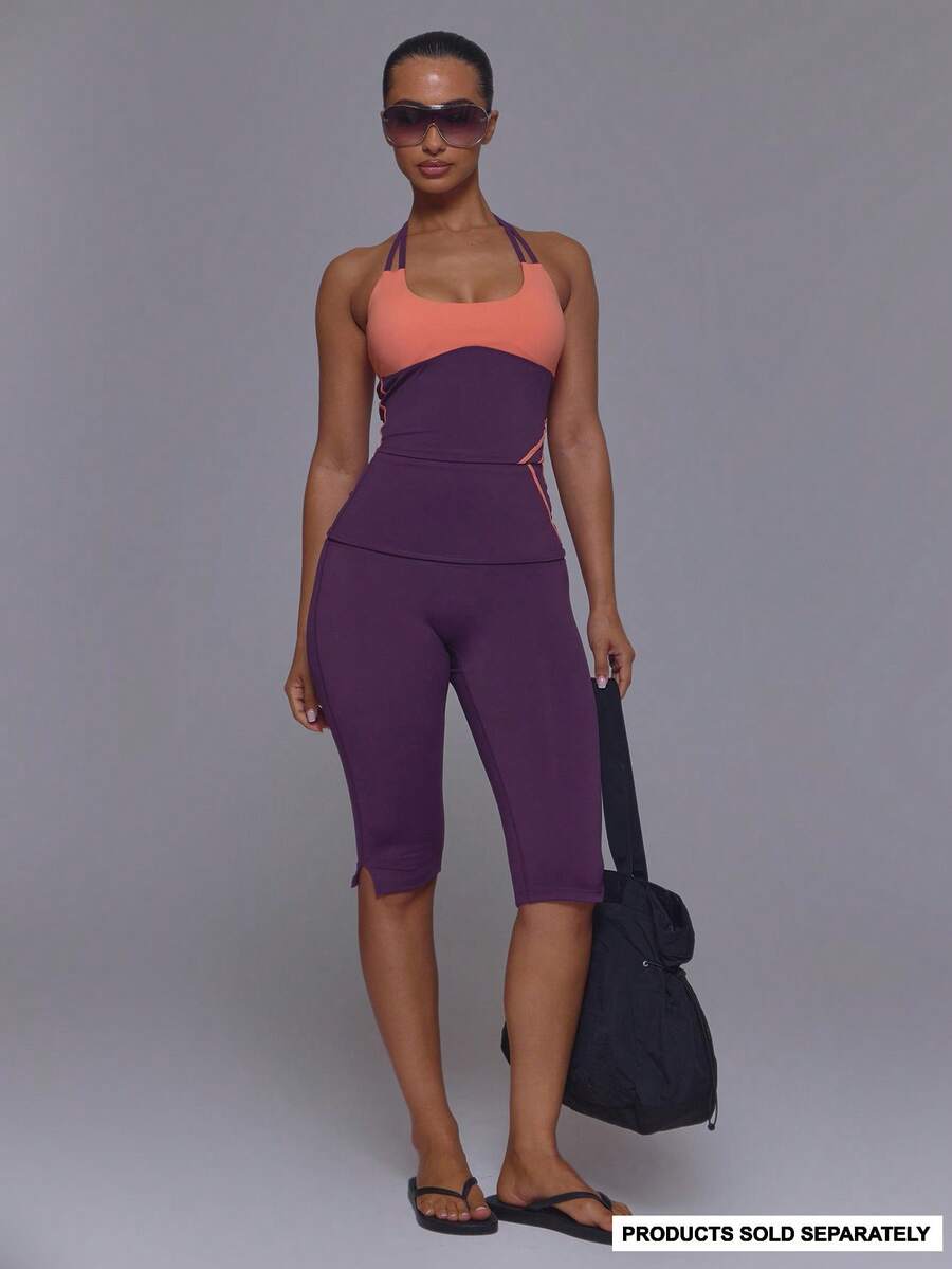 Musera Sport Sport Purple Thick Foldover Waistband Stripe Detail Fitted Split Hem Cropped Capri Active Legging - Purple - View 1