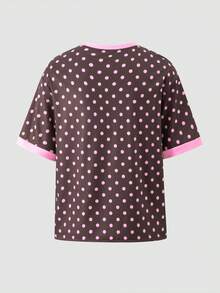 SHEIN Tween Girl Vintage Sweet Casual Dot Pattern Print & Pink Striped Horse Riding Print Short Sleeve T-Shirt And Flare Pants 2-Piece Set, Suitable For Spring, Summer, Autumn - Multicolor - View 11