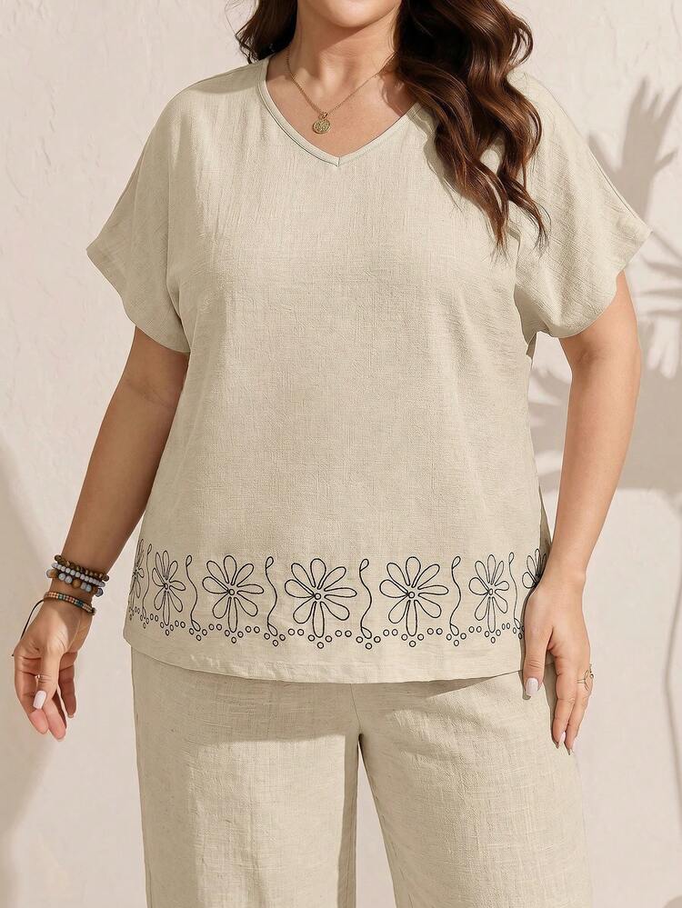 Comfylo Plus Size Women's V-Neck Floral Print Top And Pants Casual Boho Everyday Set Vacation Beige Summer - Brown - View 12