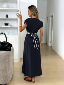 Easowa V-Neck Contrast Trim Decorative Button Flutter Sleeve Ruffle Ruched Bow Front High Slit A-Line Umbrella Sun Dress Casual Relaxed Elegant Commuter Old Money Style Vacation Spring Summer Women's Long Dress - Navy Blue - View 2