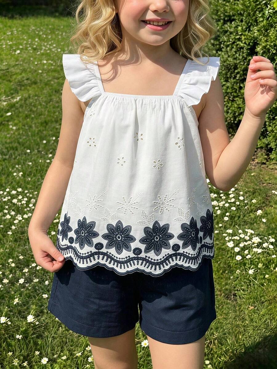 SHEIN Elladie kids 女童藍色格紋櫻桃印花細肩帶上衣與短褲套裝，夏季清新舒適外出穿搭