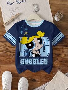 THE POWERPUFF GIRLS X SHEIN 少女圆领短袖休闲T恤，全印花 - 白色 - 查看 4