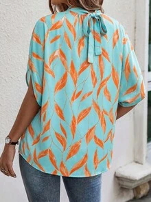 Louniche 標準尺寸女款春夏繫帶立領蝙蝠袖葉子多色印花寬鬆休閒度假襯衫 - 彩色 - 查看 2