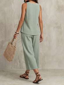 Levarali Women's Summer Sleeveless Tank Top And Cropped Wide Leg Pants Set Vacation Sage Green Boho Casual - Mint Green - View 2