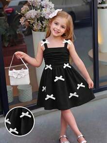Elladie kids Elegant Solid Color Ruffled Strap Dress With Bow Decor For Older Girls, Suitable For Outings, Parties, Back To School Season, Spring/Summer - Black - View 5