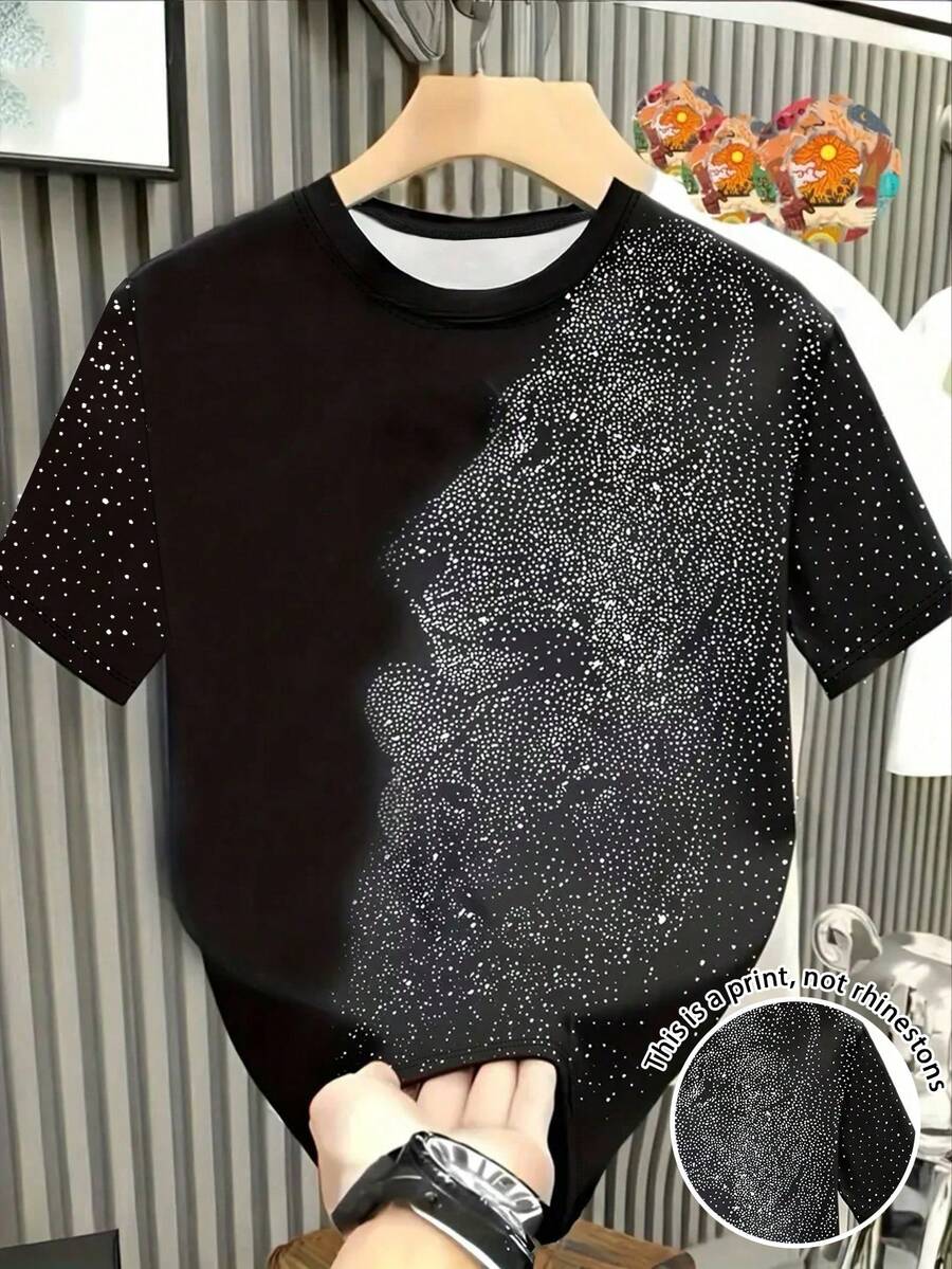 Manfinity Dauomo Camiseta casual de cuello redondo con gráfico de león de rhinestone para hombres - Multicolor - Ver 1