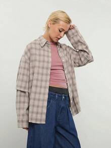 COUREZ 長袖寬鬆格紋雙層襯衫 Y2K 秋季女款灰色格紋休閒穿搭服飾 日常外穿夜生活造型 - 灰色 - 查看 6
