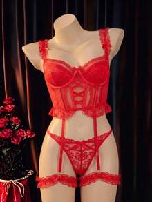 Spicy Aura 4件組白色蕾絲性感女用內衣套裝 - 紅色 - 查看 7