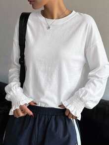 FRIFUL Women's Solid Color Round Neck Drop Shoulder Long Sleeve Casual Loose T-Shirt - White - View 9