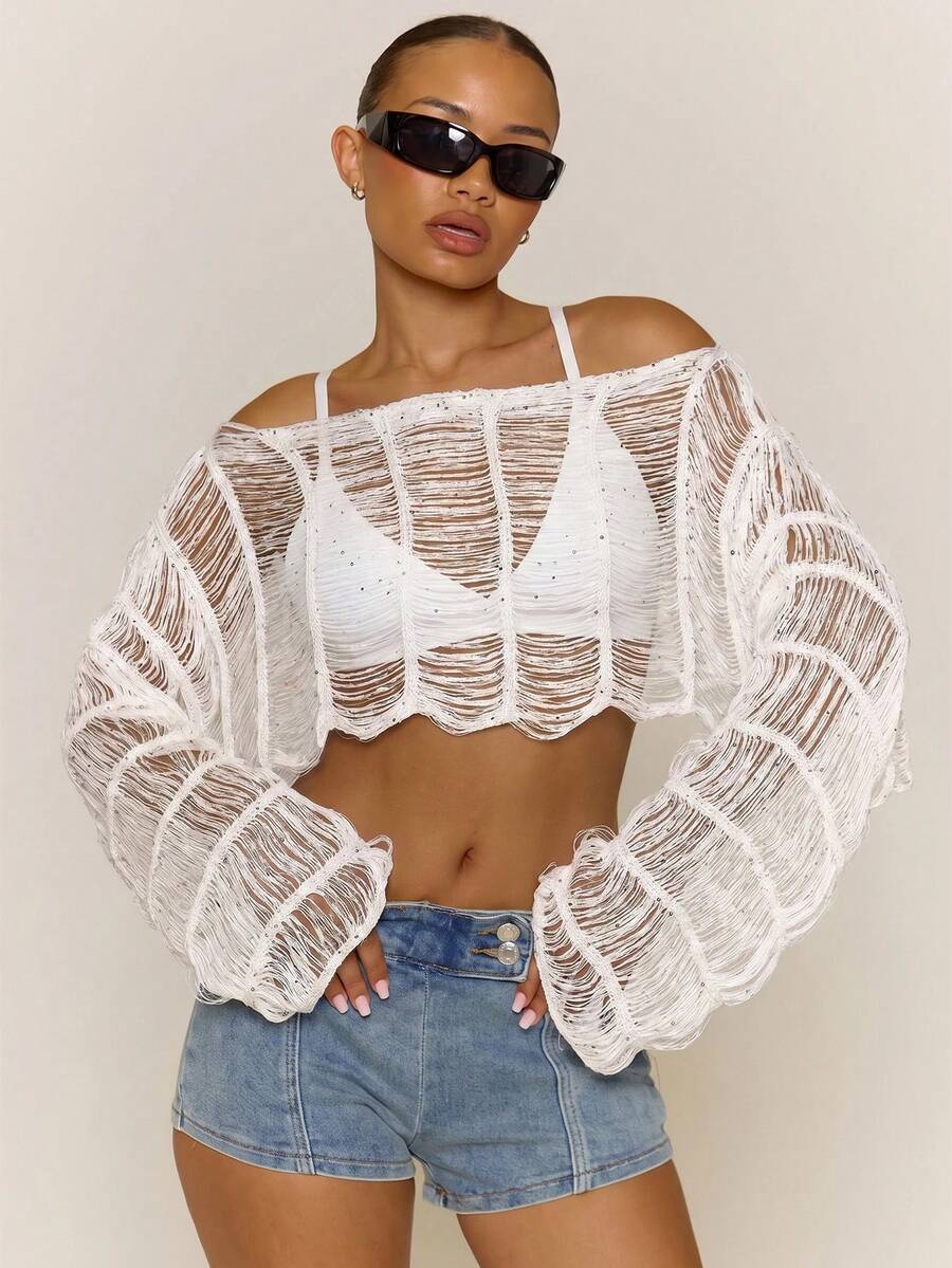 MUSERA Transparentes strukturiertes gestricktes Langarm-Crop-Top, Strandmode, süß, Festival, Frühling, Sommer, Urlaub, Ferien, klassisch, elegant, Ausgehen, Date-Night - Weiss - Übersicht 1