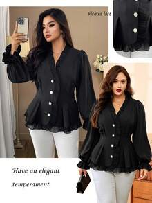 Auvina Blusa con abotonadura, manga larga, ajustada, cuello en V, con parches de encaje y volantes en bajo para mujer de talla grande - Negro - Ver 1