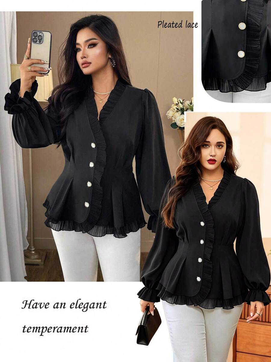 Auvina Blusa con abotonadura, manga larga, ajustada, cuello en V, con parches de encaje y volantes en bajo para mujer de talla grande - Negro - Ver 1