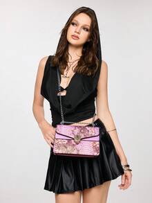 ROMWE Grunge Punk Crocodile Embossed Vintage Chain Small Square Bag, Fashion Versatile Crossbody Shoulder Bag (23*15*9) Cm - Purple - View 8