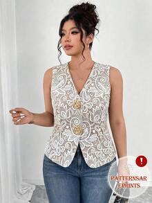 GlowEve CURVE Plus Size Faux Linen Textured Fabric V-Neck Sleeveless Vest With Open Front Gold Rose Decorative Buttons, Waist-Defining Fitted Elegant Commuter Outing Party Date Vest - Multicolor - View 4