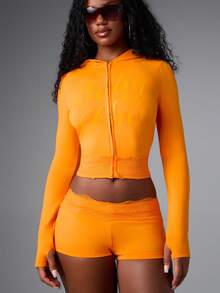 BABYPHAT Zip-Up Hooded Long Sleeve Crop Top With Lace Trim Detail And Tonal Script Logo Print - Orange - View 1