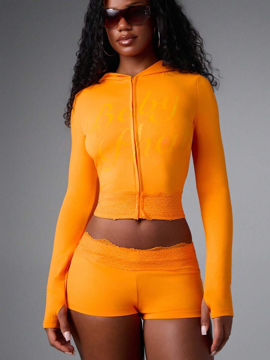 BABYPHAT Zip-Up Hooded Long Sleeve Crop Top With Lace Trim Detail And Tonal Script Logo Print - Orange - View 1