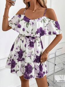 SHEIN Clasi Gaun Cami Wanita Motif Bunga dengan Hem Berkerut untuk Kencan dan Liburan - Purple - View 4