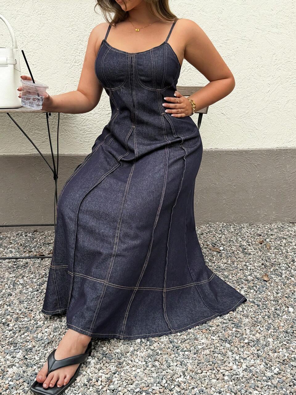 Dazy Plus Decorative Stitching Pleated Fitted Long Slip Dress, Vacation & Casual City Style, Plus Size Western Denim Dress
