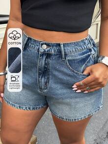 Dazy Plus Plus Size Women's Rhinestone Embellished Super Short Fitted Sexy Denim Shorts, Spring/Summer - Medium Wash - View 1