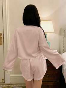 DAZY Romantic Lace Patchwork Satin Lace-Up Top & Ultra Short Pajama Pants 2pcs Set Women's Sleepwear - Baby Pink - View 2