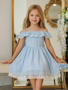 SHEIN Elladie kids 女童法式雙層荷葉邊露肩細肩帶A字洋裝，輕盈夏季休閒派對洋裝 - 藍色 - 查看 2