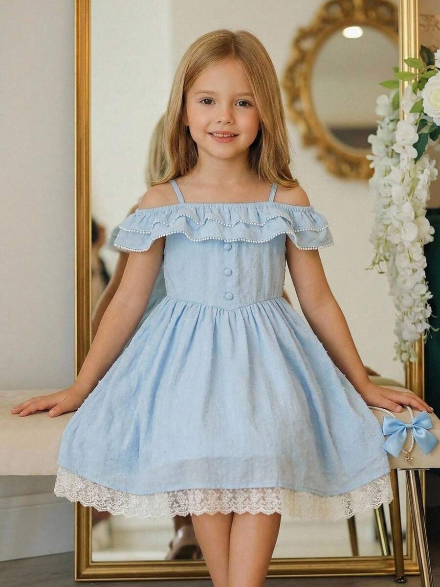 SHEIN Elladie kids 女童法式雙層荷葉邊露肩細肩帶A字洋裝，輕盈夏季休閒派對洋裝