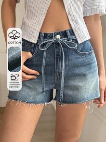 DAZY Women's Summer Short Frayed Hem Drawstring Casual Sexy Denim Shorts Swimming Pastal - Medium Wash - View 1