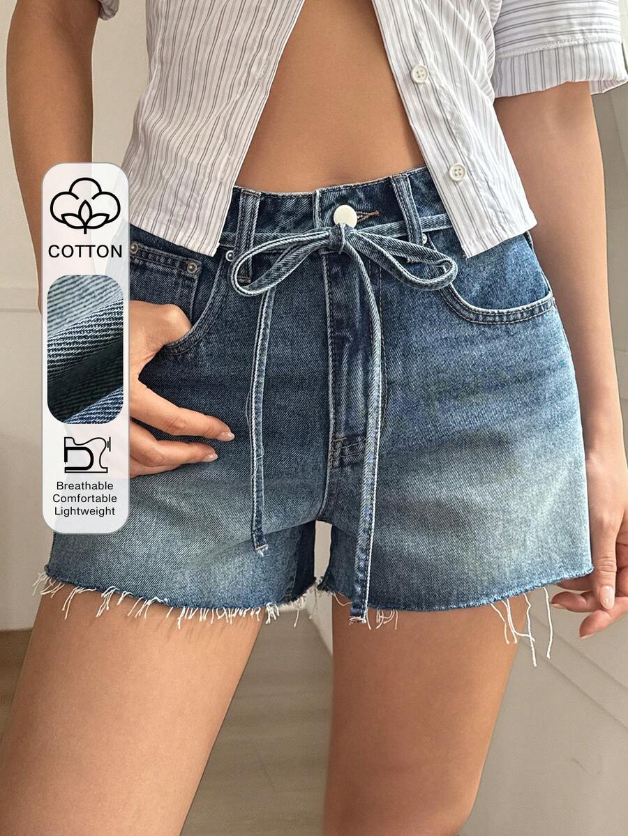 DAZY Women's Summer Short Frayed Hem Drawstring Casual Sexy Denim Shorts Swimming Pastal - Medium Wash - View 1