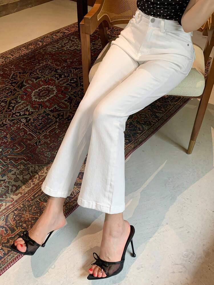 Women's Slim Fit Flare Ankle Length White Denim Jeans With Design Detail