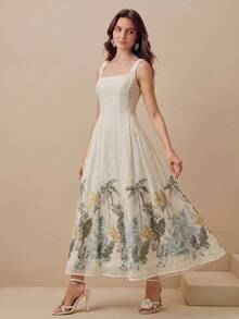 Anewsta Summer New Arrival Vacation Style Tropical Floral Print Camisole Waist Flared Dress, Versatile - Apricot - View 7