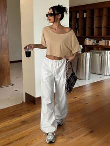 SHEIN EZwear 純棉舒適性感露肩休閒卡其色針織女款寬鬆單肩大領口T恤，時尚 - 卡其色 - 查看 6