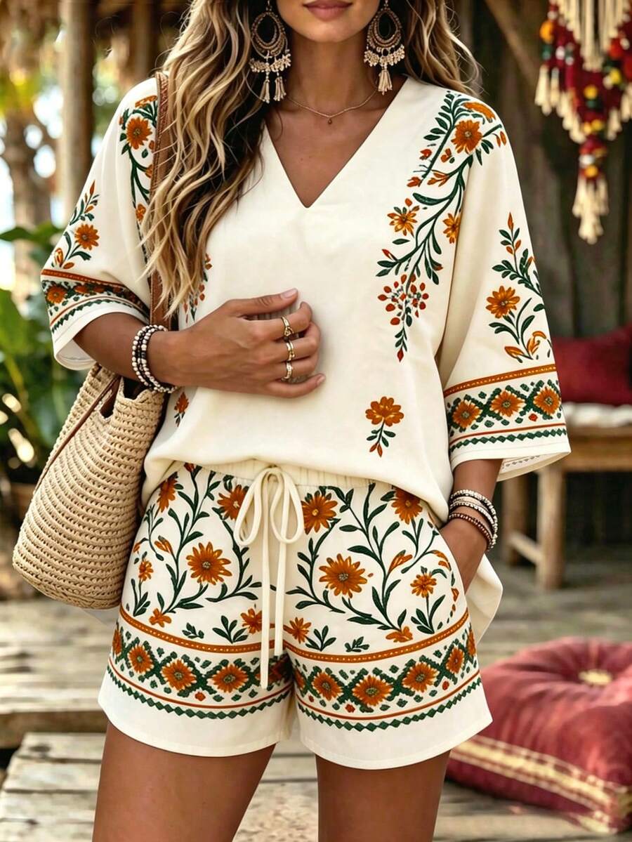 SHEIN Holidaya 夏季戶外海灘度假花卉印花短袖短褲套裝，優雅休閒日常穿搭，百搭女款兩件套，適合辦公室職場商務派對約會 - 彩色 - 查看 1
