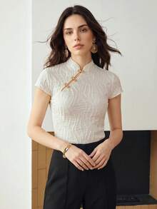 Anewsta 女款優雅立領鈕扣裝飾紋理面料修身短袖T恤 - 杏色 - 查看 6